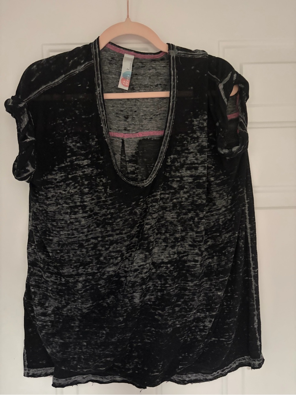Free People Black Marled Burnout Deep V Short Sleeve Tee